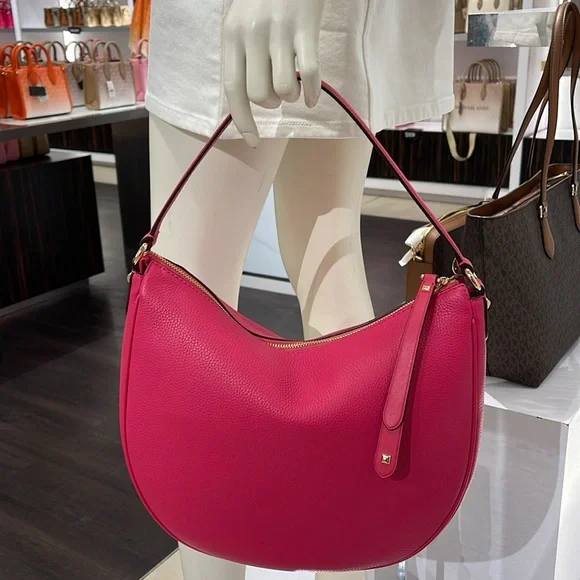 Michael Kors Dover Large Leather Top Zip Half Moon Shoulder Bag in Electric Pink - Picture 12 of 16